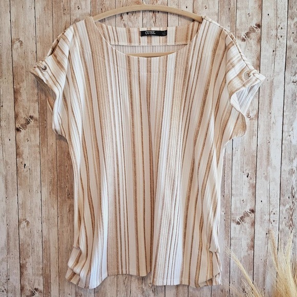 Taupe & Ivory Striped Short Sleeve Top  Medium By Cure - Picture 1 of 10
